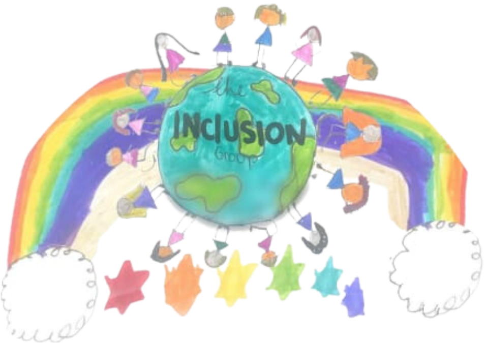 Illustration of a globe with the word Inclusion in the center, a rainbow above, and children standing around the globe.
